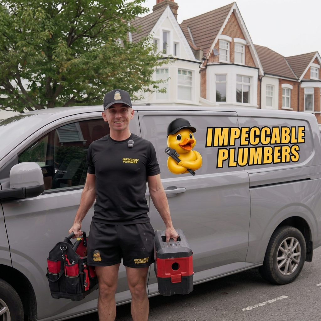Sonny, uniformed plumber, holding his tools in front of his work van